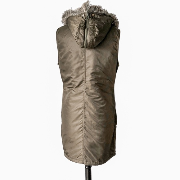 Anoarak Long Line Hooded Vest Removable Fur Trim Olive Green Large - Picture 5 of 14